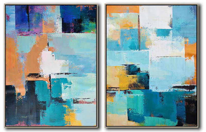 Extra Large 72" Acrylic Painting,Set Of 2 Contemporary Art On Canvas,Abstract Painting On Canvas White,Dark Blue,Earthy Yellow,Black